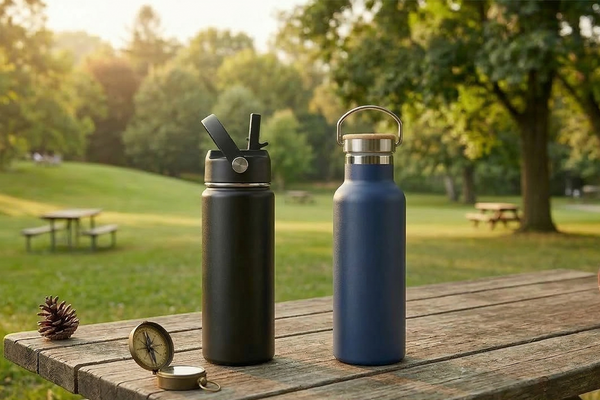 A professional comparison shot of a black straw lid water bottle and a navy blue wide-mouth insulated bottle on a rustic wooden picnic table. Set against a sunlit park background with camping accessories, illustrating the best hydration gear