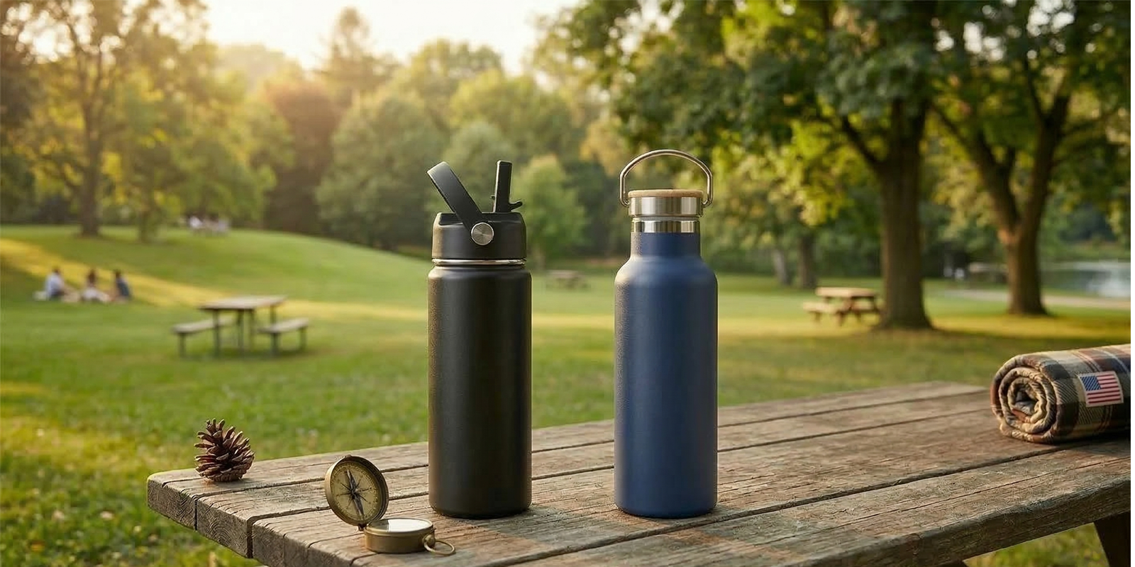A professional comparison shot of a black straw lid water bottle and a navy blue wide-mouth insulated bottle on a rustic wooden picnic table. Set against a sunlit park background with camping accessories, illustrating the best hydration gear