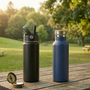A professional comparison shot of a black straw lid water bottle and a navy blue wide-mouth insulated bottle on a rustic wooden picnic table. Set against a sunlit park background with camping accessories, illustrating the best hydration gear