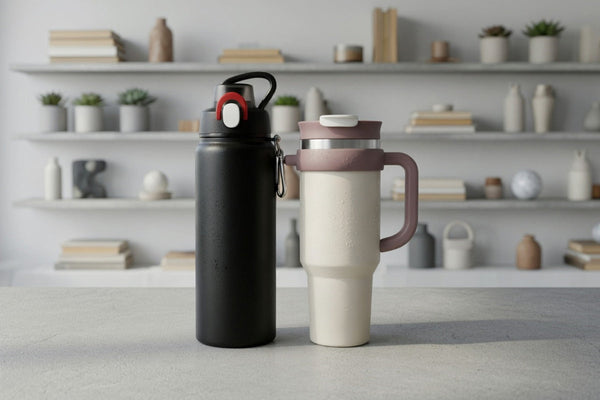Insulated water bottle and travel tumbler side by side for commuting comparison