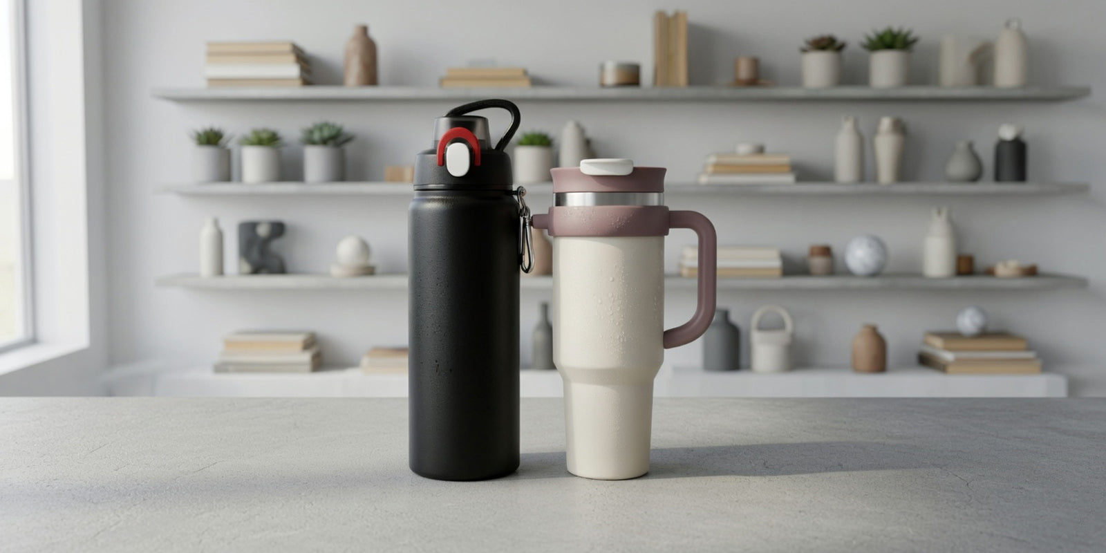 Insulated water bottle and travel tumbler side by side for commuting comparison
