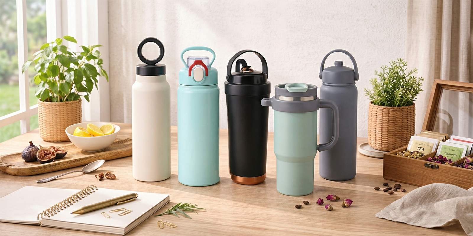 Insulated water bottles arranged to show the qualities of a good everyday water bottle