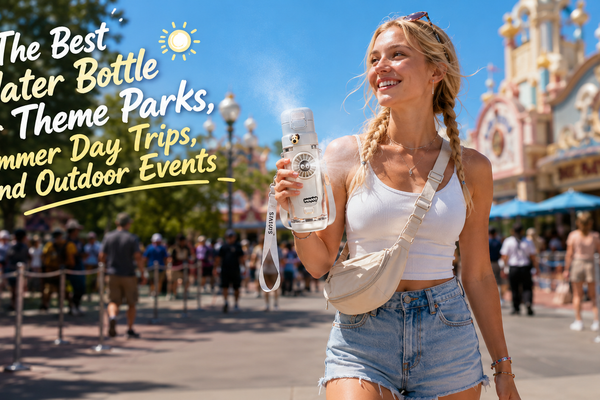 Woman carrying a cooling water bottle while walking through a hot theme park