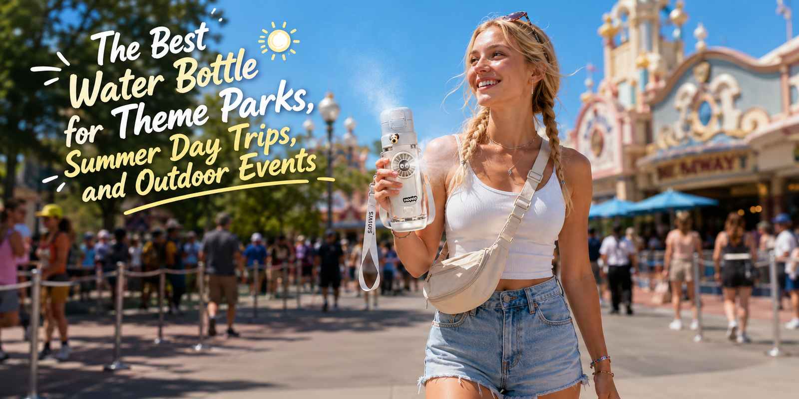 Woman carrying a cooling water bottle while walking through a hot theme park