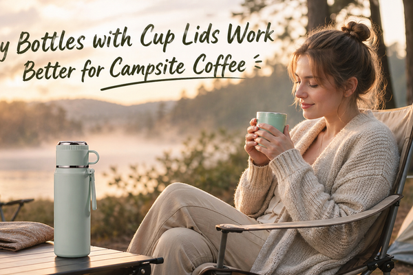 Woman holding a cup-lid bottle during a calm campsite coffee morning