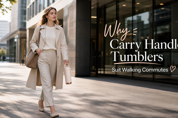 A young woman commuting to work carrying a tumbler with a handle that keeps the phone warm.