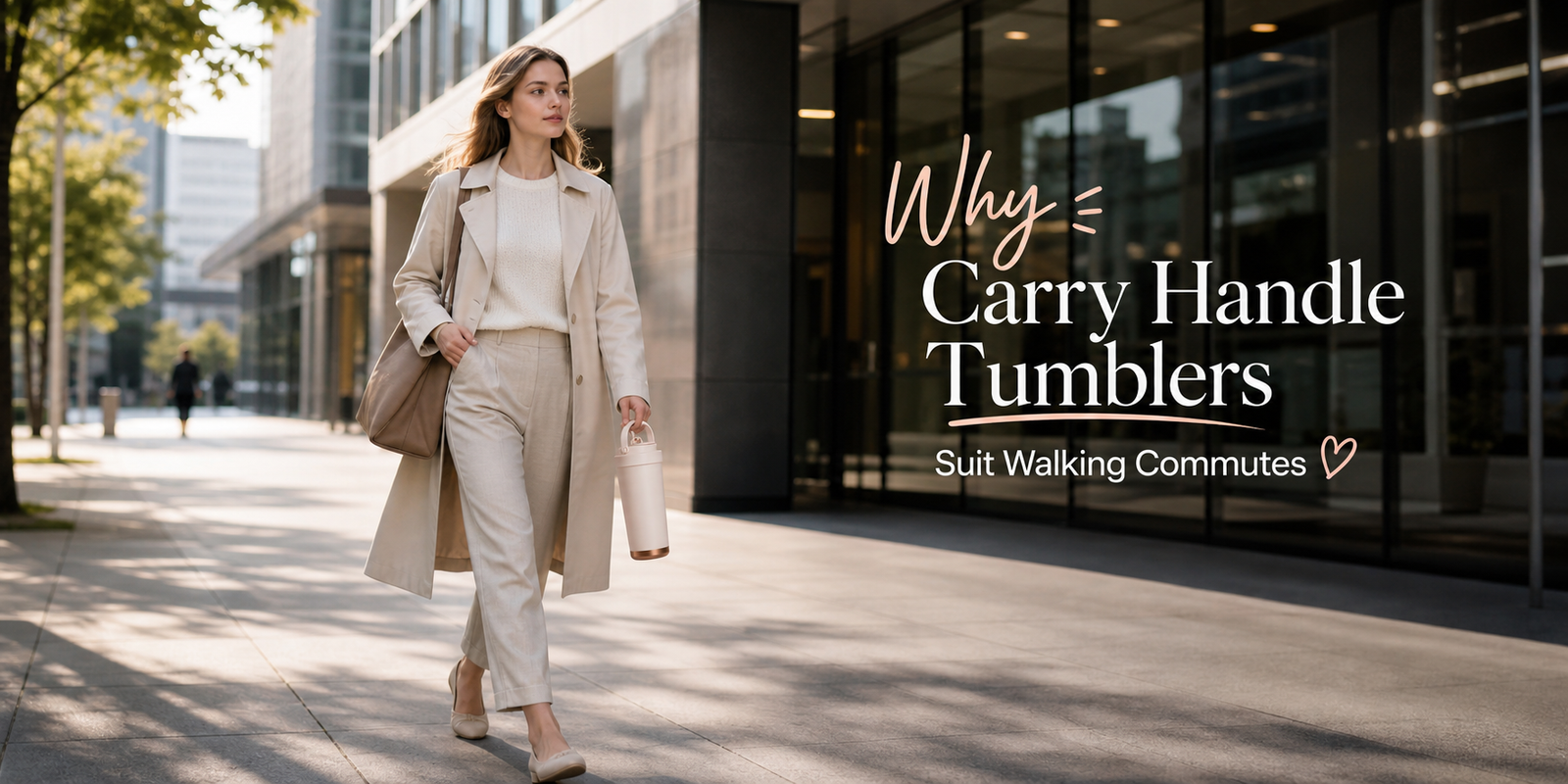 A young woman commuting to work carrying a tumbler with a handle that keeps the phone warm.