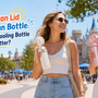 Two women comparing detachable and built-in cooling water bottles on a hot summer outing