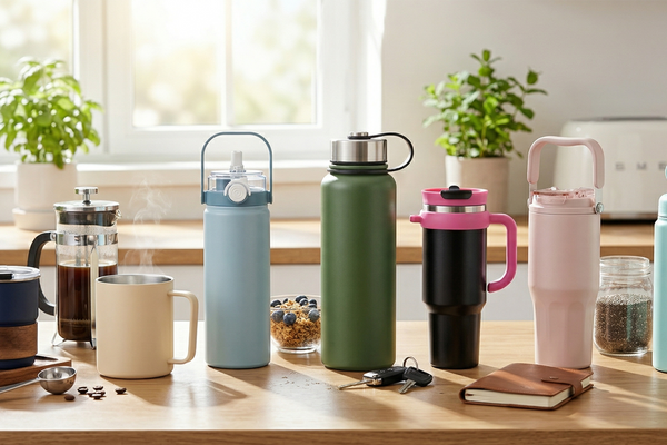 Different insulated tumblers, mugs, and bottles arranged for real-life morning routines