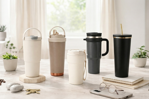 Travel tumblers arranged to show practical everyday features for commuting and desk use