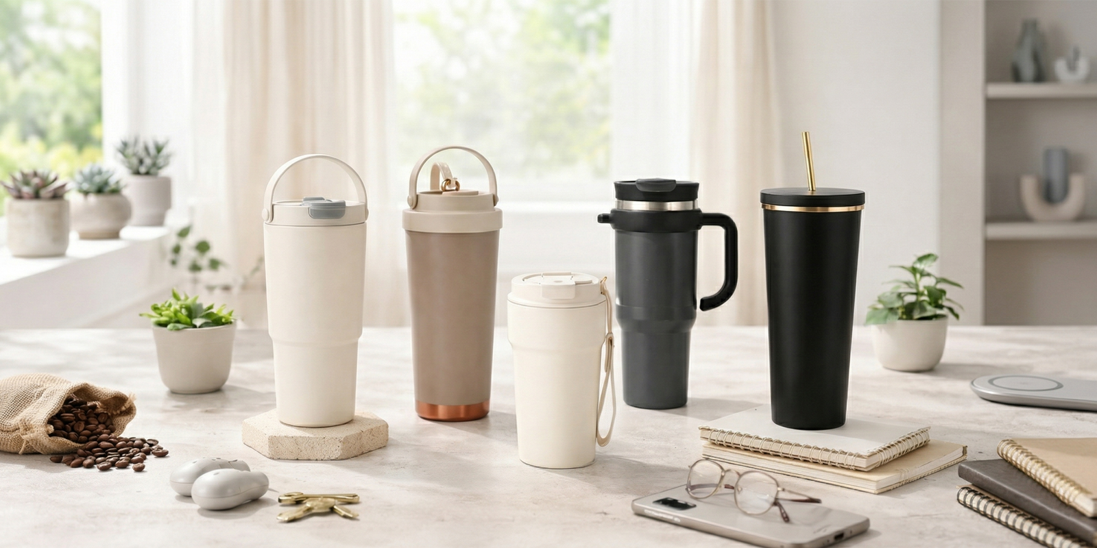 Travel tumblers arranged to show practical everyday features for commuting and desk use