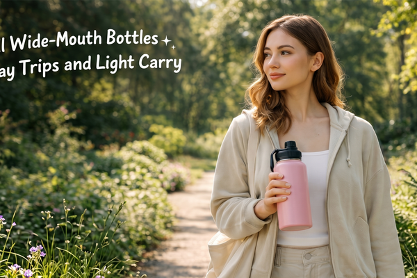 Young woman carrying a small wide-mouth insulated bottle during a light outdoor outing