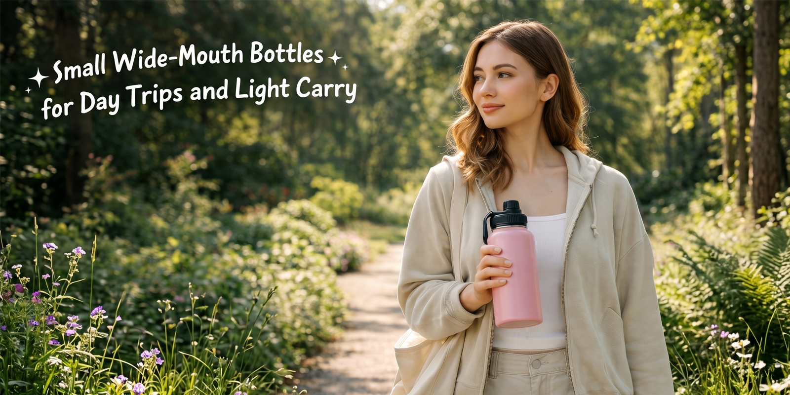 Young woman carrying a small wide-mouth insulated bottle during a light outdoor outing