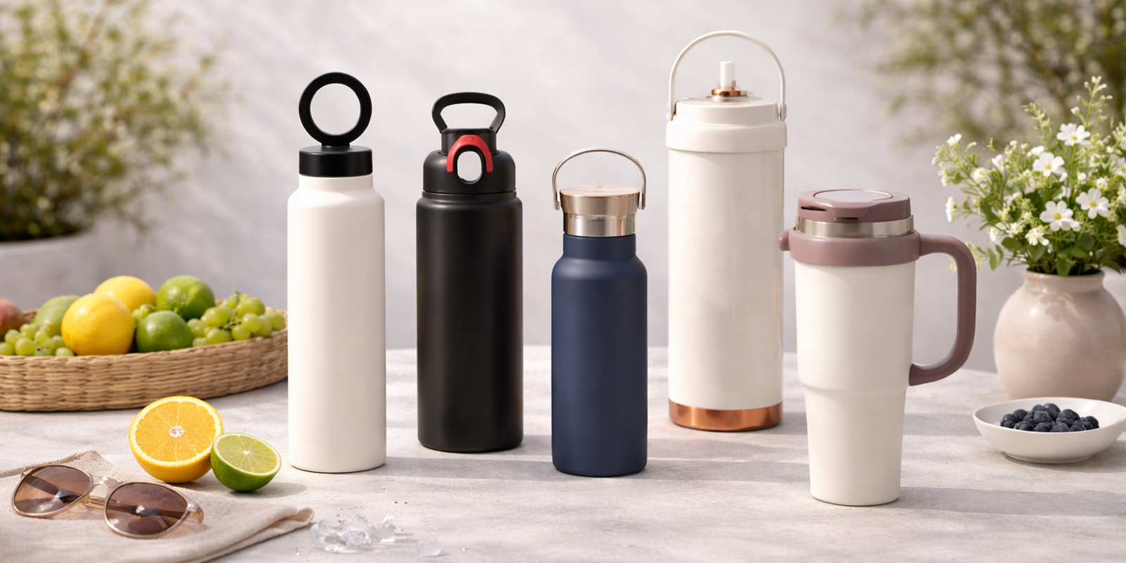 Insulated water bottles arranged for everyday use with different sizes and lid styles