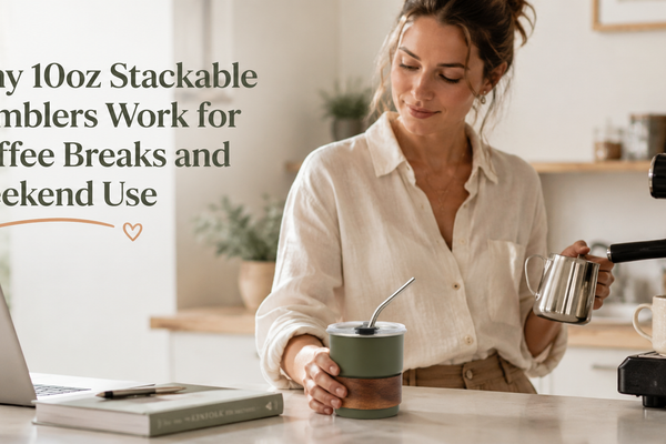 10oz stackable tumbler beside a home espresso setup on a clean desk