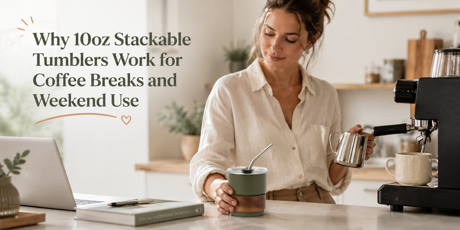 10oz stackable tumbler beside a home espresso setup on a clean desk