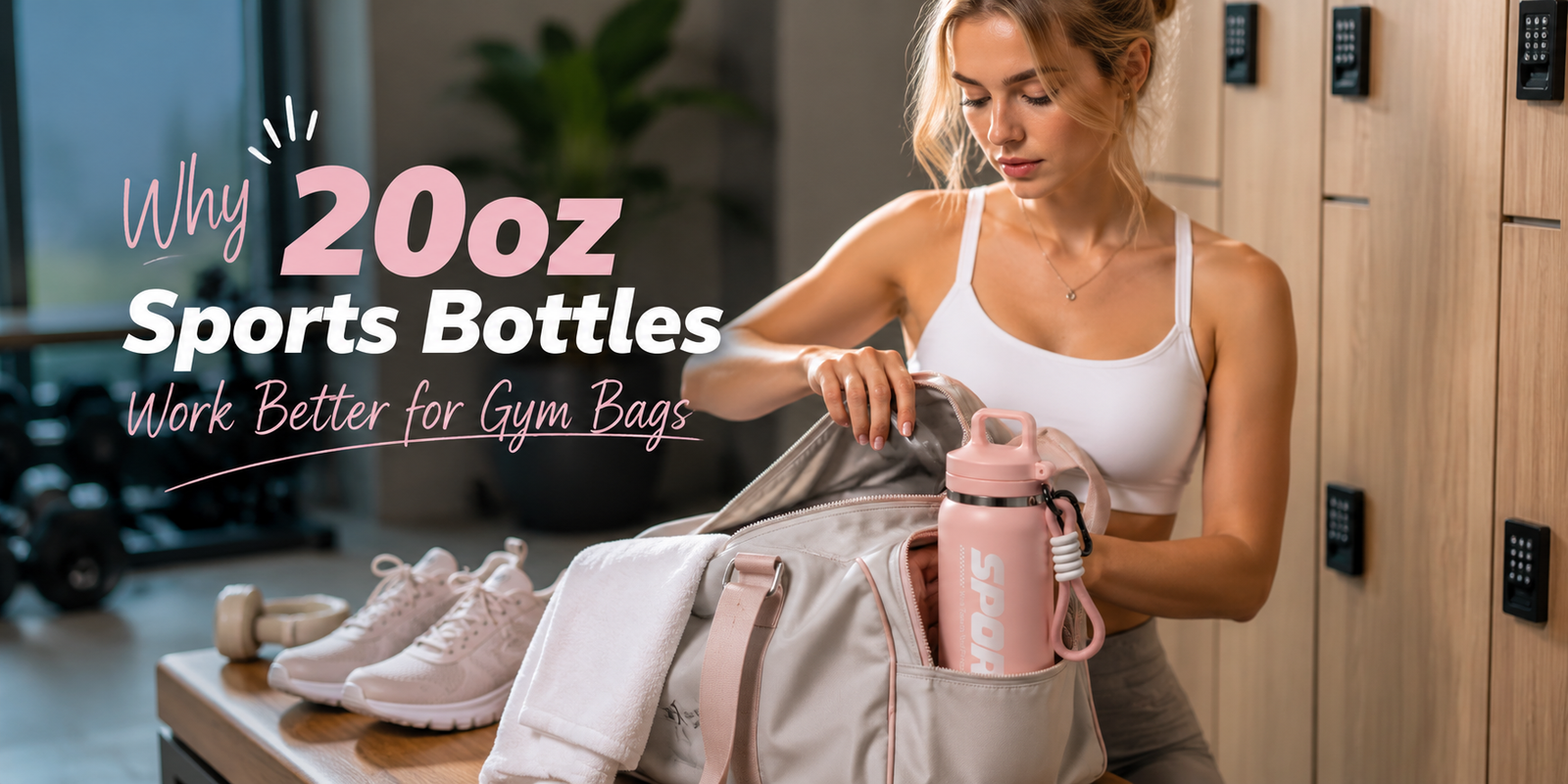 20oz sports bottle in a gym bag side pocket before a workout