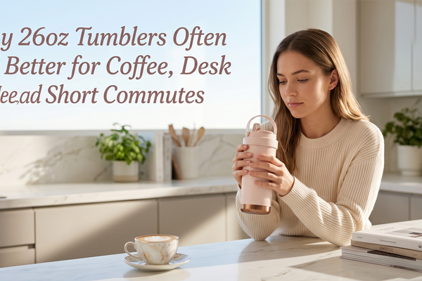 Adult using a 26oz tumbler during a coffee-first workday morning