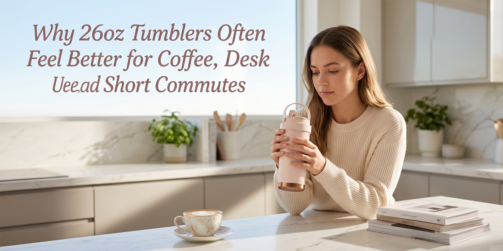 Adult using a 26oz tumbler during a coffee-first workday morning