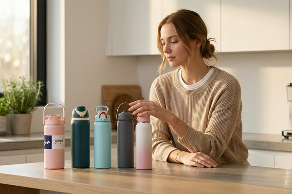 Adult choosing a simple insulated water bottle during a calm everyday morning routine