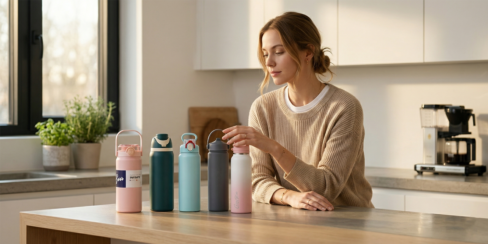 Adult choosing a simple insulated water bottle during a calm everyday morning routine