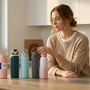 Adult choosing a simple insulated water bottle during a calm everyday morning routine