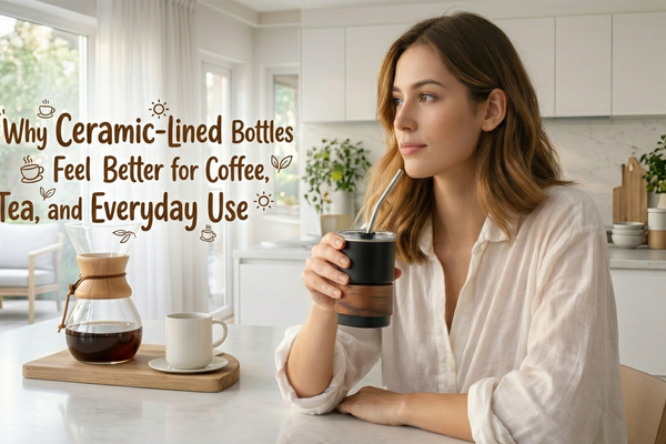 Adult using a ceramic-lined bottle or tumbler for coffee during a calm workday morning