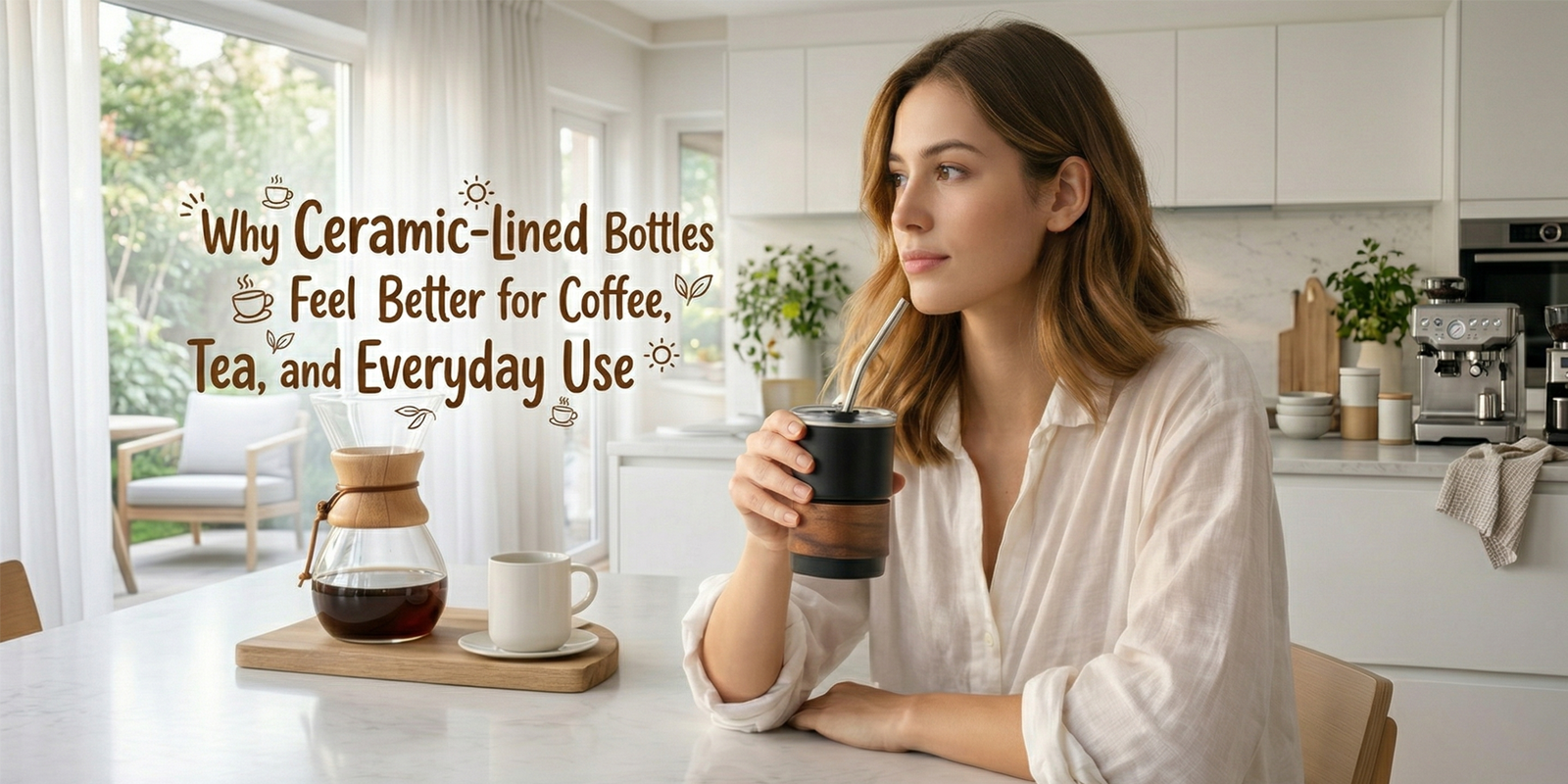 Adult using a ceramic-lined bottle or tumbler for coffee during a calm workday morning