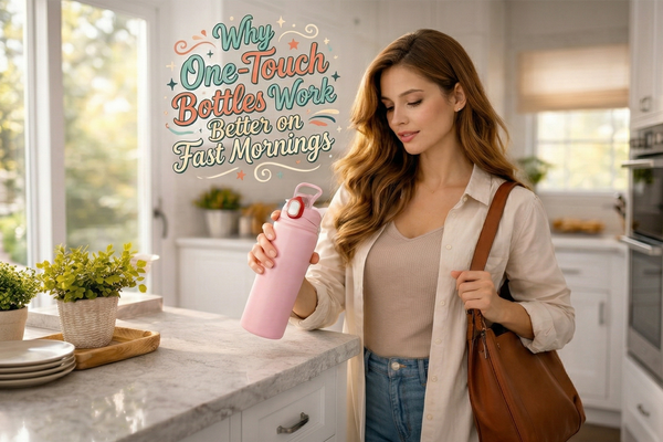 Adult opening a one-touch insulated bottle during a fast weekday morning routine