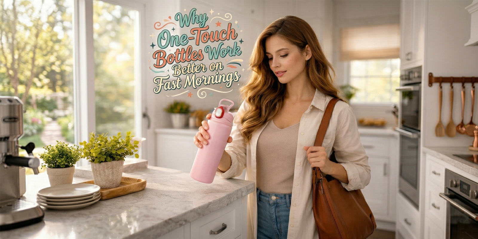 Adult opening a one-touch insulated bottle during a fast weekday morning routine