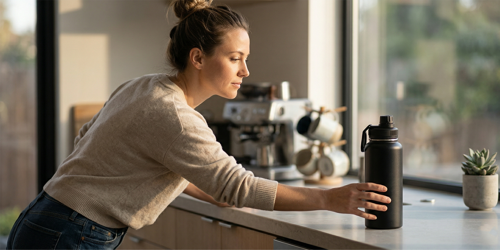Person reaching for a well-used insulated water bottle during an everyday routine