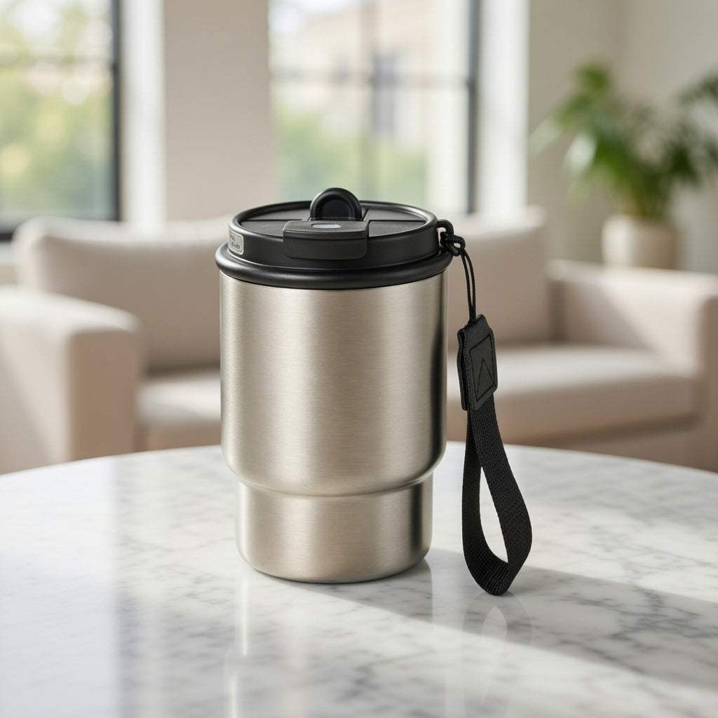 Dual-Lid Insulated Coffee Tumbler with Carry Strap