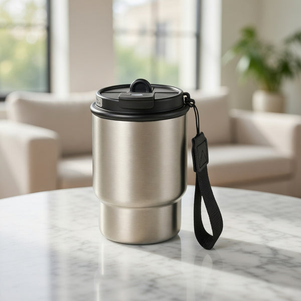 Dual-Lid Insulated Coffee Tumbler with Carry Strap