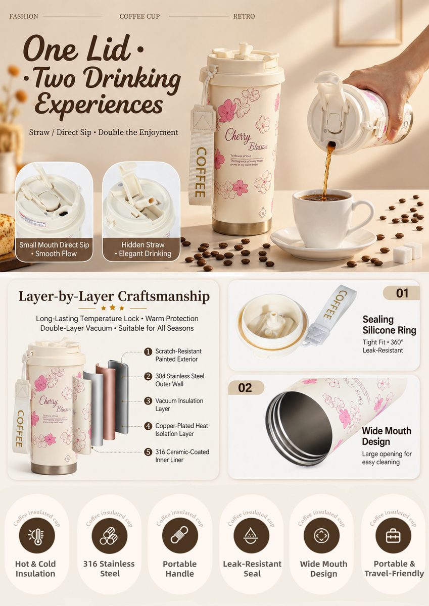 Floral Patterned Insulated Coffee Tumbler with Dual-Drinking Lid 17oz
