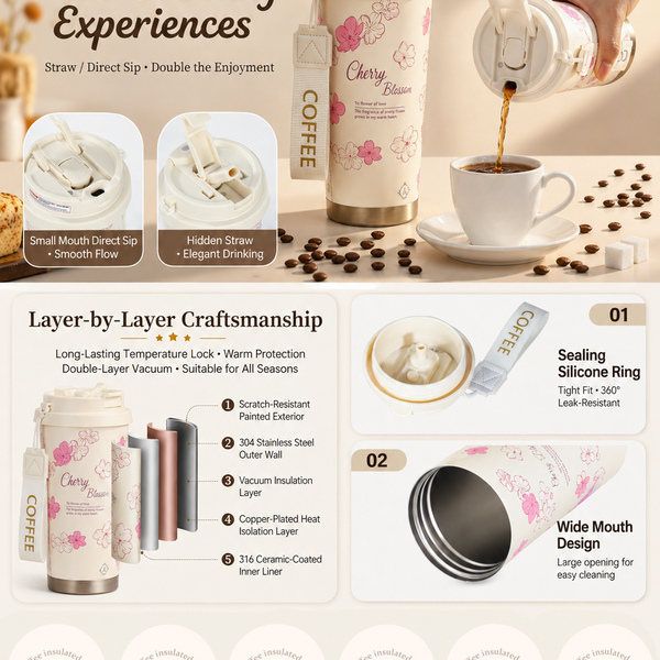 Floral Patterned Insulated Coffee Tumbler with Dual-Drinking Lid 17oz