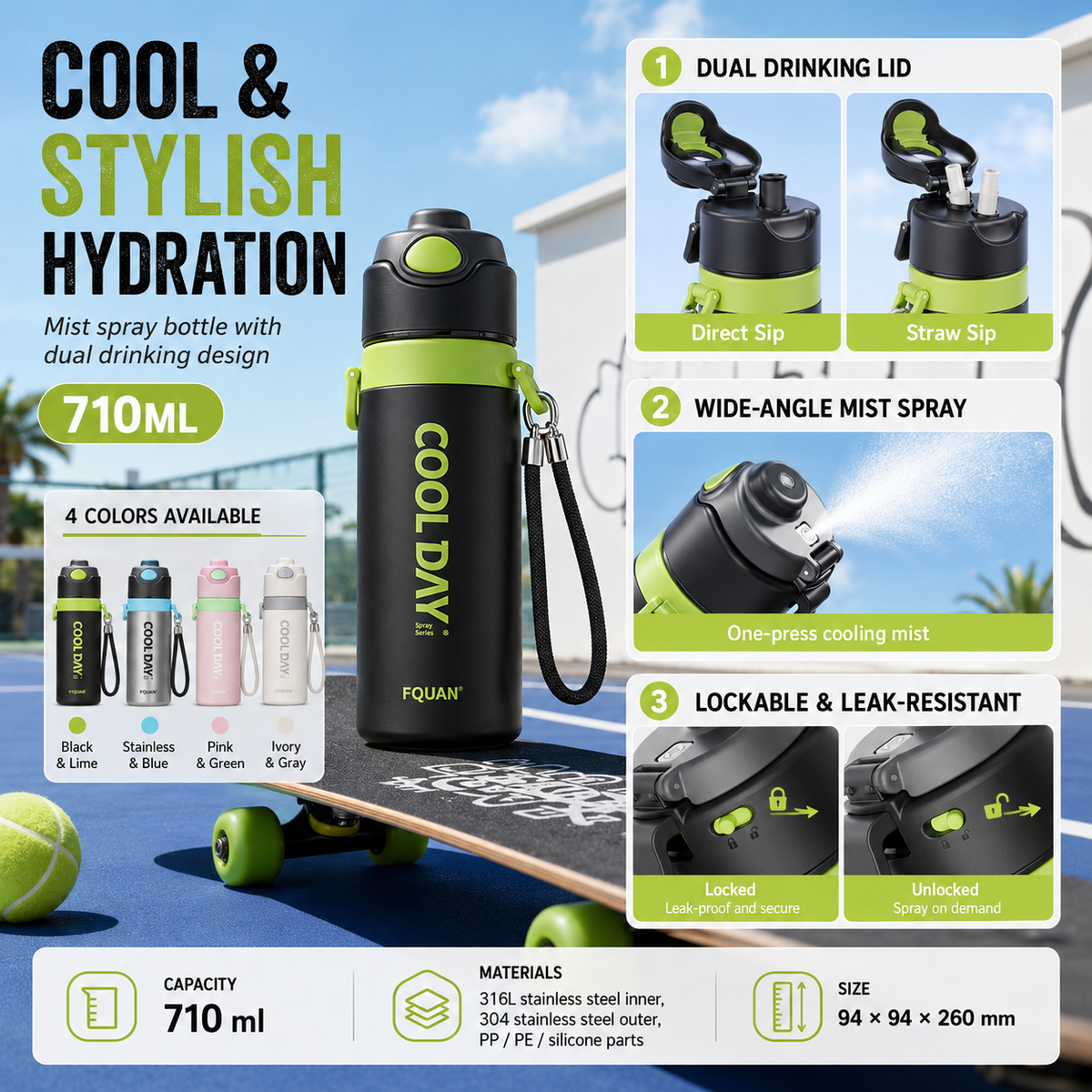 Cooling Mist Insulated Sports Bottle 24oz
