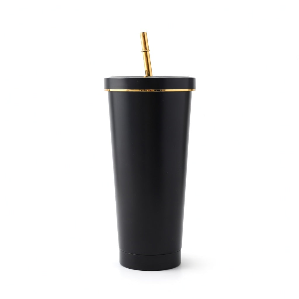 Matte Gold-Rimmed Straw Lid Insulated Tumbler