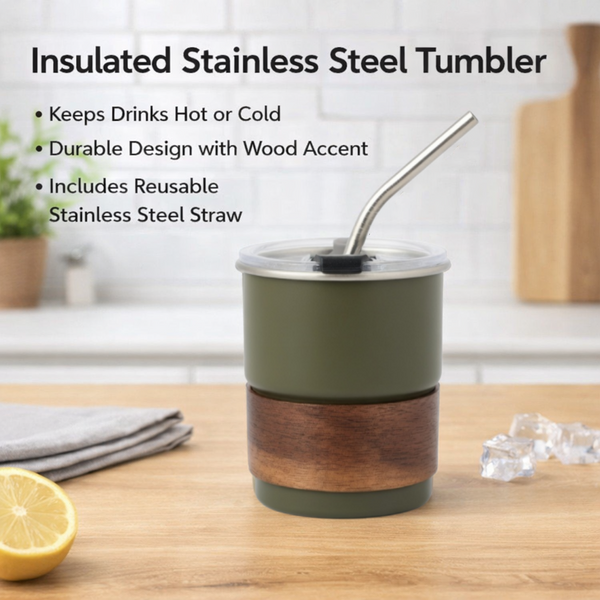 Stackable Dual-Drink Insulated Tumbler with Wood Sleeve 10oz