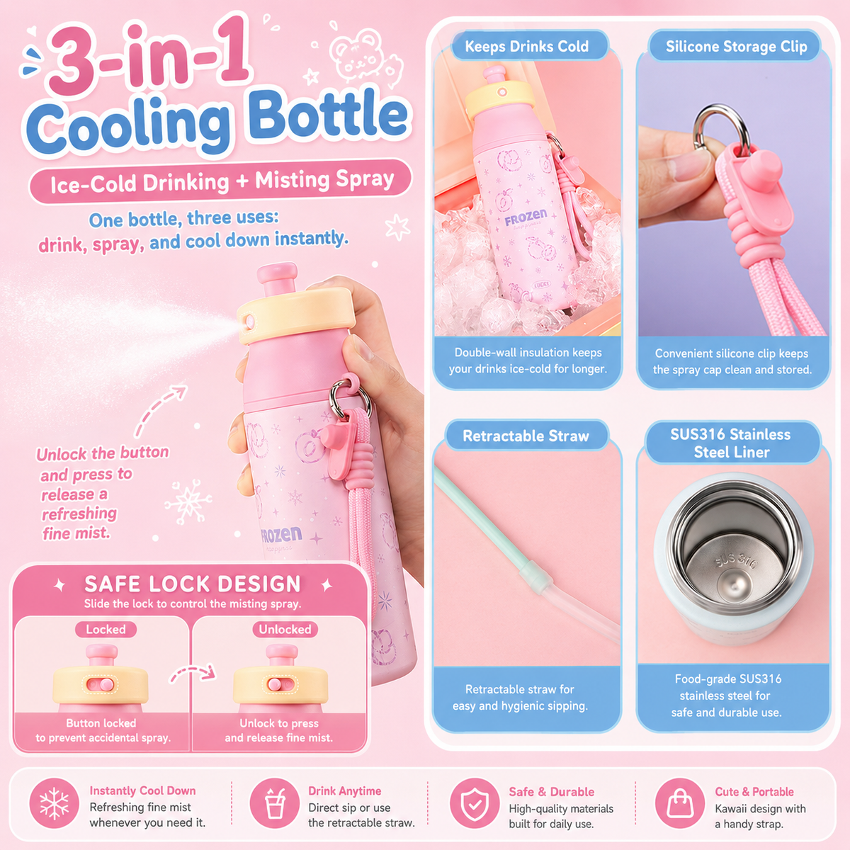 Misting Straw Lid Insulated Water Bottle 15oz