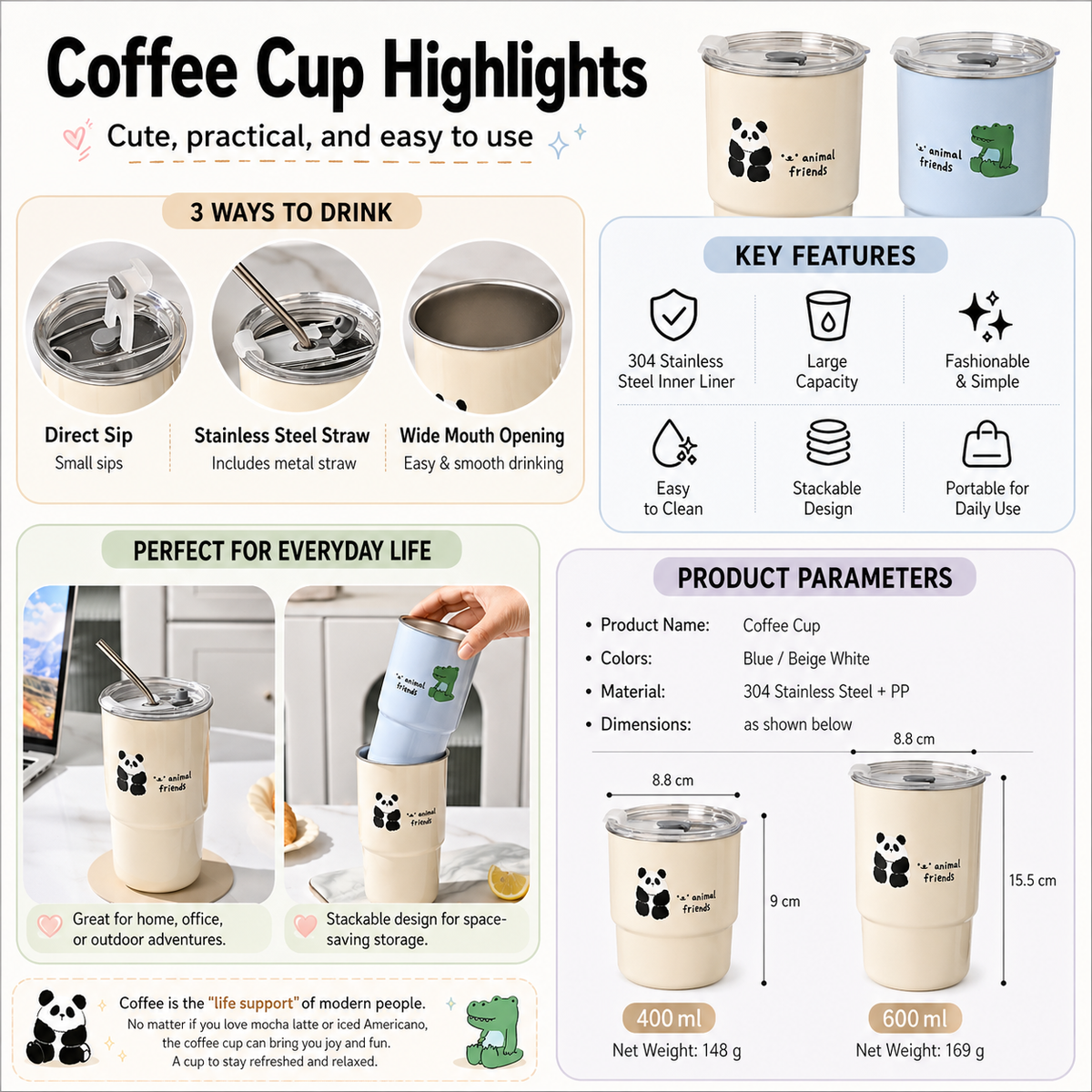 Cartoon Animal Straw Lid Coffee Tumbler