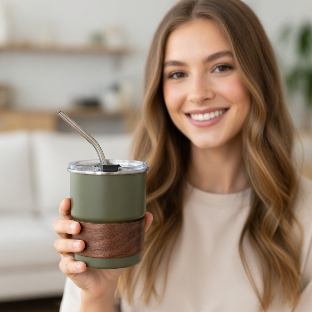 Stackable Dual-Drink Insulated Tumbler with Wood Sleeve 10oz