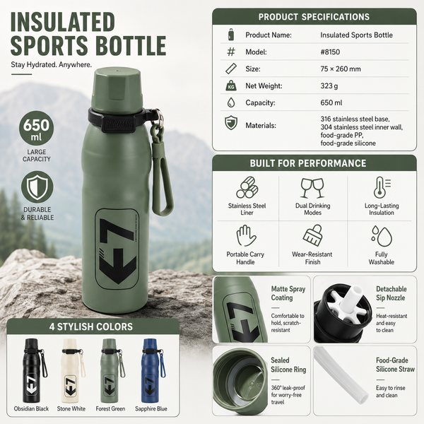 Outdoor Dual-Drink Insulated Water Bottle 22oz