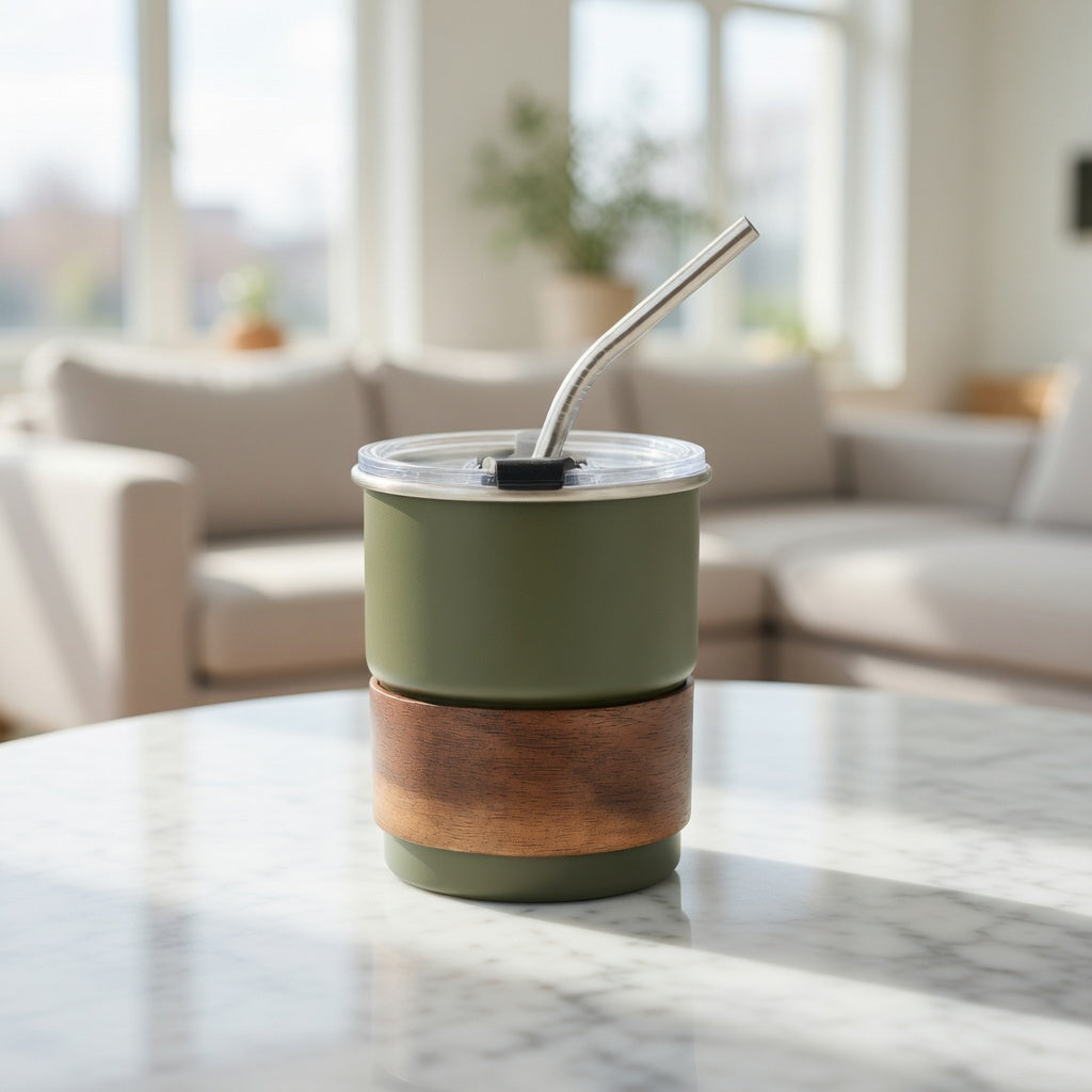 Stackable Dual-Drink Insulated Tumbler with Wood Sleeve 10oz