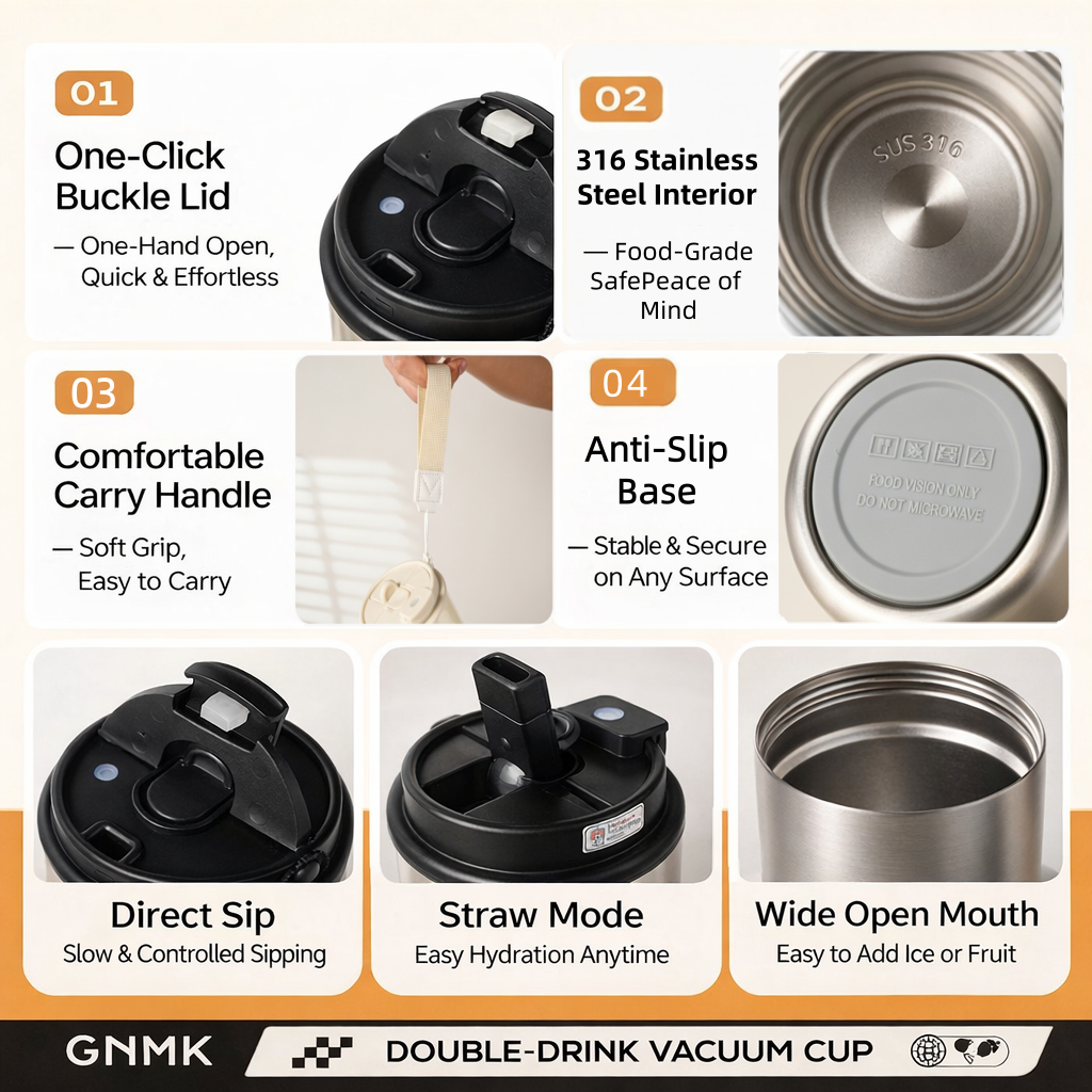 Dual-Lid Insulated Coffee Tumbler with Carry Strap