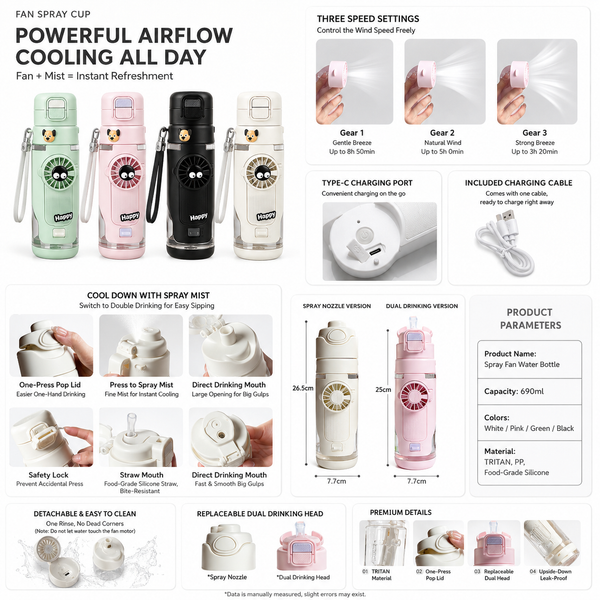Misting Fan Portable Water Bottle with Carry Strap