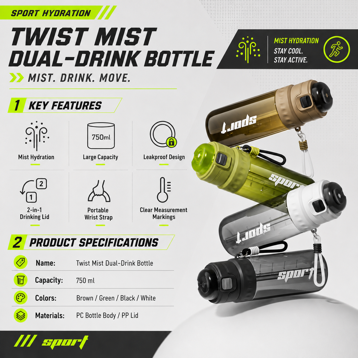 Misting Dual-Drink Plastic Water Bottle 25oz