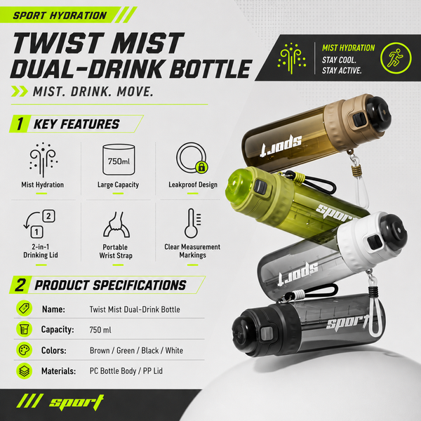 Misting Dual-Drink Plastic Water Bottle 25oz