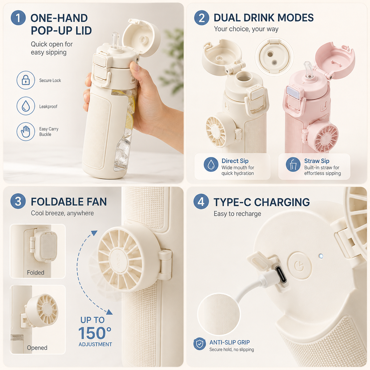 Detachable Fan Straw Lid Water Bottle 24oz