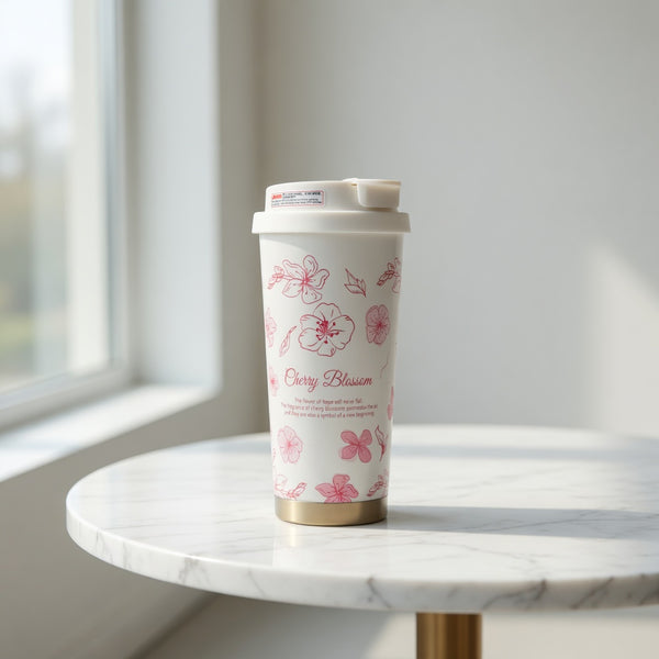 Floral Patterned Insulated Coffee Tumbler with Dual-Drinking Lid 17oz