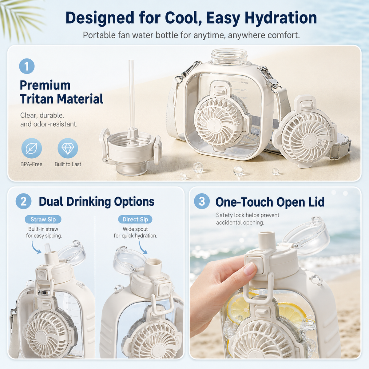 Portable Fan Straw Lid Water Bottle 33oz